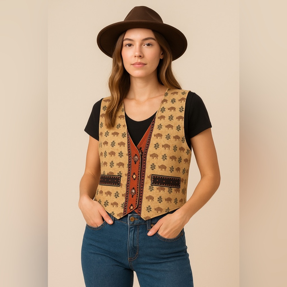 Vintage Western Buffalo Print Vest Southwest Aztec Style Button Front